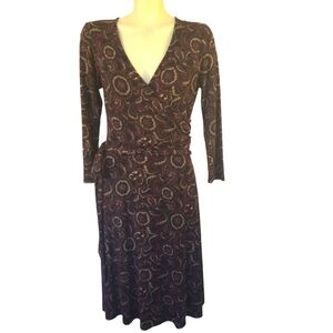 LOFT Knit Stretch Wrap Dress‎ Dark Red  Black Floral Tapestry Print Midi Size 4